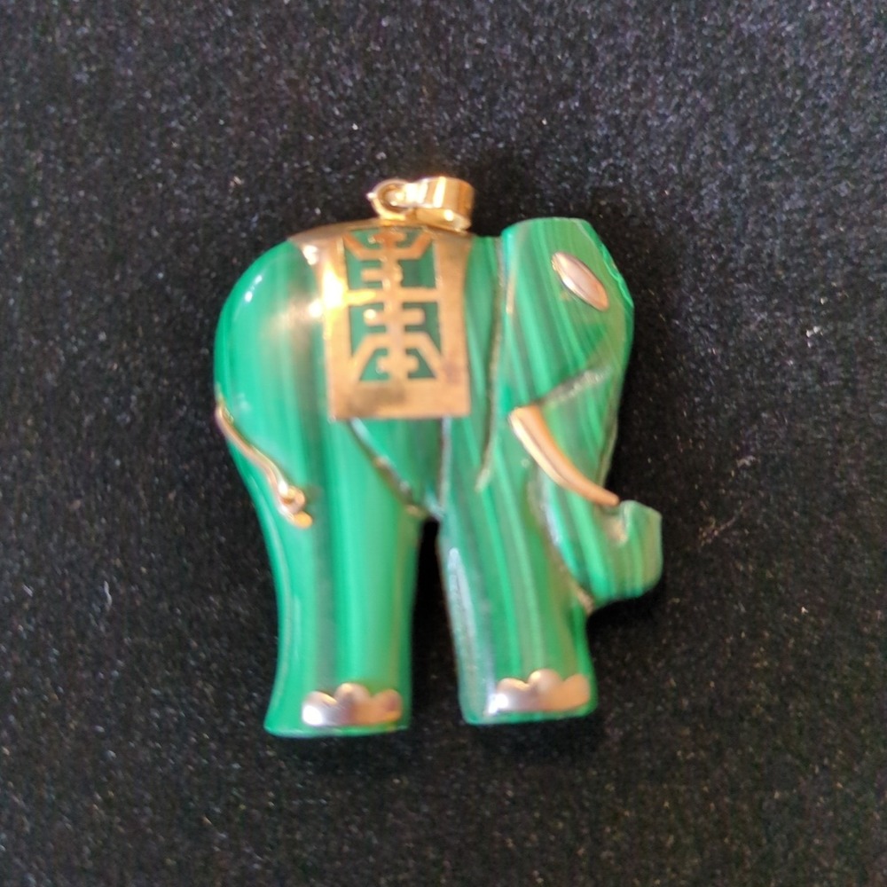 14kt Yellow Gold Plated And‎ Malachite Elephant Pendant